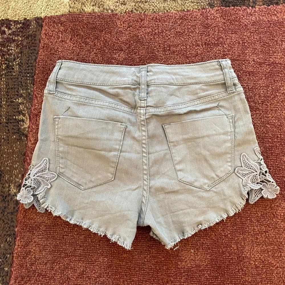 Crochet Detail High Rise Stretch Cotton Button Fly Jean Shorts